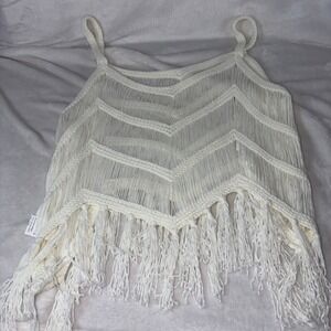 Boho Ivory Crochet Fringe Crop Top Chevron Knit Festival Tank XL Cowgirl Western